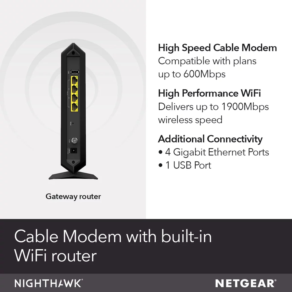 NETGEAR Nighthawk AC1900 DOCSIS 3.0 Cable Modem + WiFi Router (C7000) T860