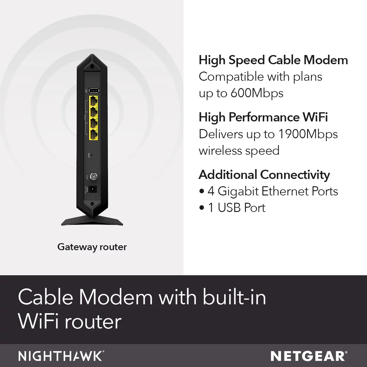 NETGEAR Nighthawk AC1900 DOCSIS 3.0 Cable Modem + WiFi Router (C7000) T860