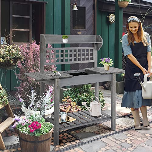 Outsunny Wooden Potting Bench Table with Sliding Tabletop and Storage Shelf M52235