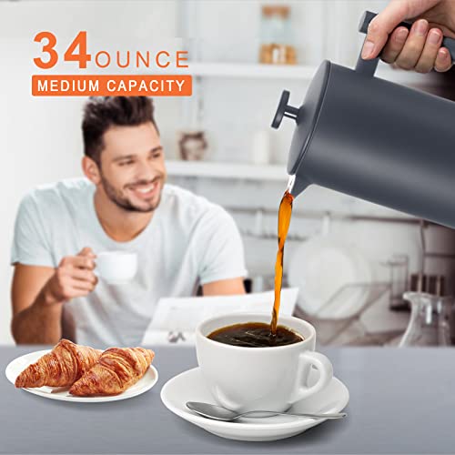 Secura French Press Coffee Maker, 34oz Stainless Steel Insulated, Silver W447
