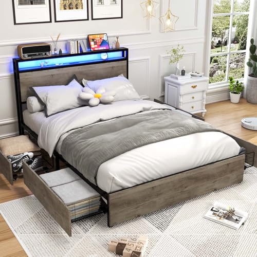 Full Size Bed Frame with Headboard, LED Lights, 4 Storage Drawers, Charging Station, Black C93321