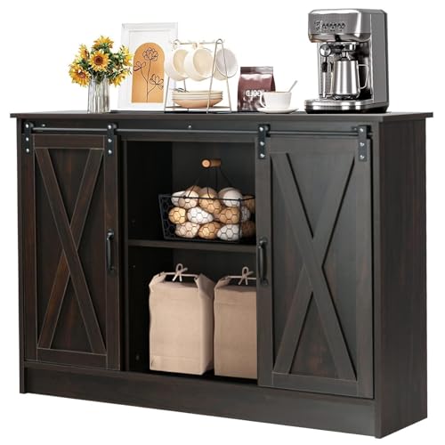 4 EVER WINNER Coffee Bar Cabinet with Sliding Barn Doors, 42" Sideboard Buffet, Espresso O37010