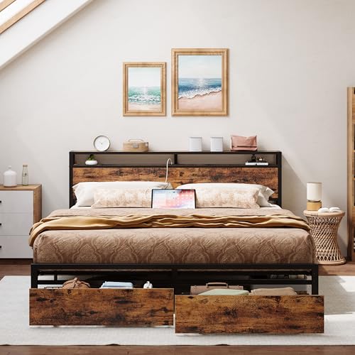 LIKIMIO King Bed Frame with Storage Headboard and Charging Station, Vintage Brown X317