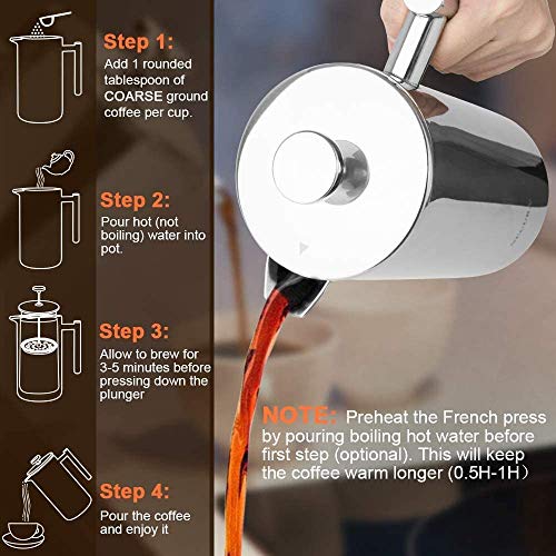 Secura French Press Coffee Maker, 34oz Stainless Steel Insulated, Silver W447