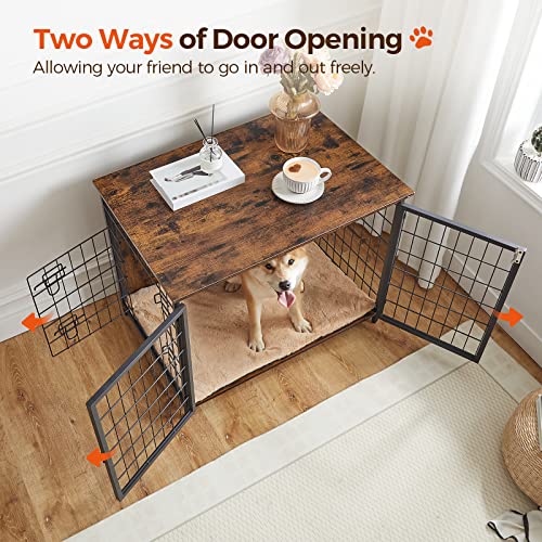 Wooden Dog Crate Furniture with Cushion, Double Doors, Greige X29262
