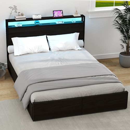 Full Size Bed Frame with Headboard, LED Lights, 4 Storage Drawers, Charging Station, Black C93321