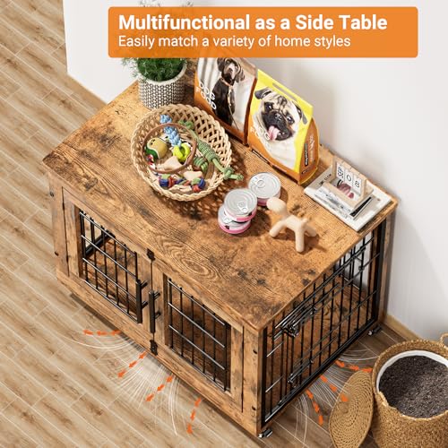 Lulive Dog Crate Furniture for Medium Dogs, 32" Wooden Kennel with Cushion & Wheels, Grey D230281