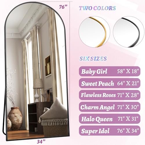 Arched Full Length Floor Mirror 76"x34" Black Freestanding I957