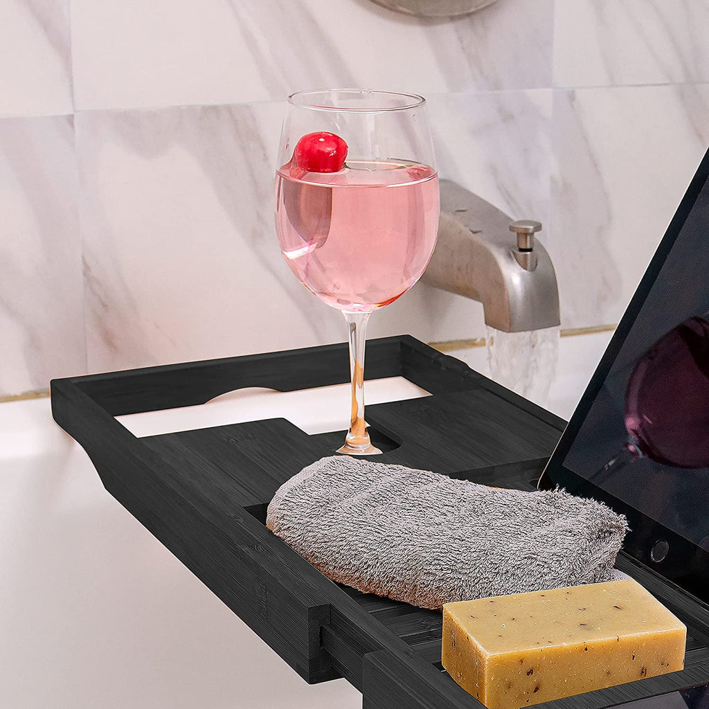 Bamboo Bathtub Tray Expandable Caddy with Tablet Holder (Black) K8281