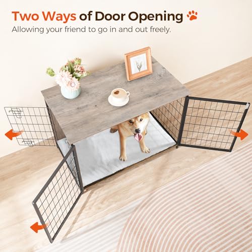 Wooden Dog Crate Furniture with Cushion, Double Doors, Greige X29262