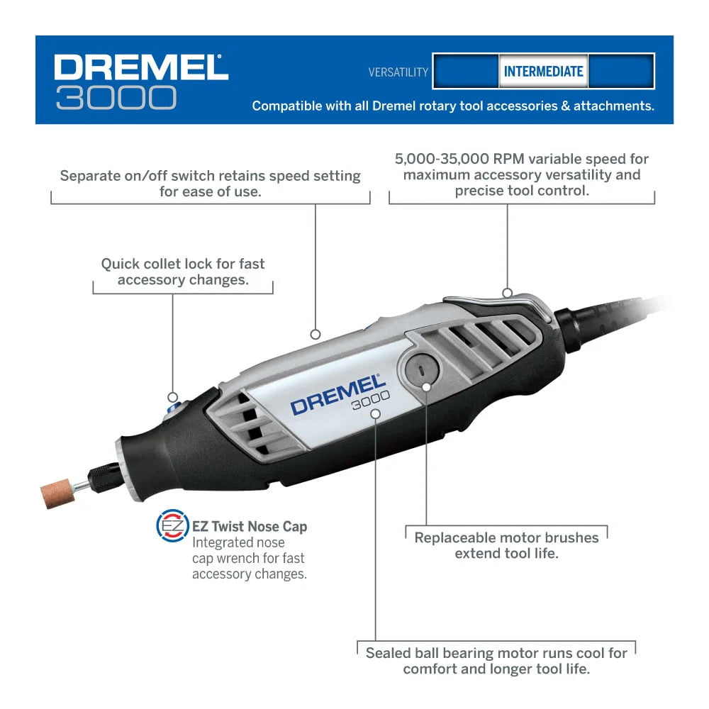 Dremel 3000-N/18 Variable Speed Rotary Tool with EZ Twist Nose Cap, 18 Accessories R231580