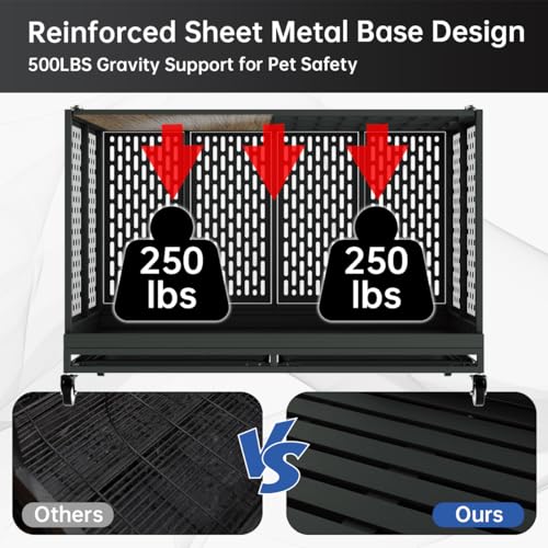 Heavy Duty Dog Crate with Wheels for Large Dogs, Folding Metal Cage with Removable Tray R395