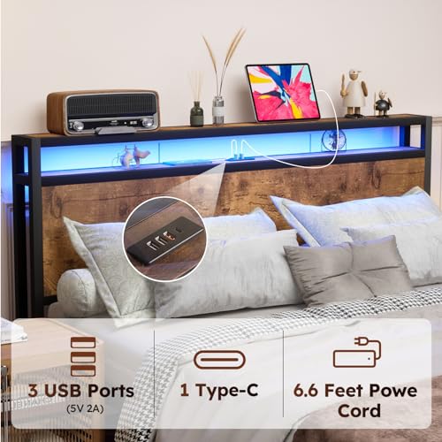 Queen Size Bed Frame with 4 Storage Drawers, LED, Charging Station, Gray L1115