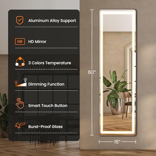 Arched Full Length Mirror with LED Lights, 60"x16" Floor Mirror with Stand T719302
