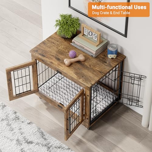 Lulive Dog Crate Furniture for Medium Dogs, 32" Wooden Kennel with Cushion & Wheels, Grey D230281