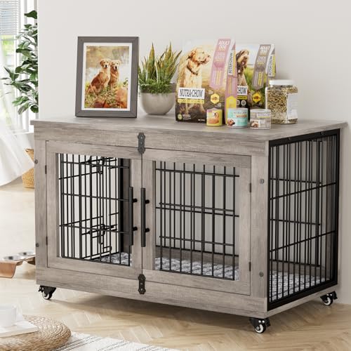 Lulive Dog Crate Furniture for Medium Dogs, 32" Wooden Kennel with Cushion & Wheels, Grey D230281