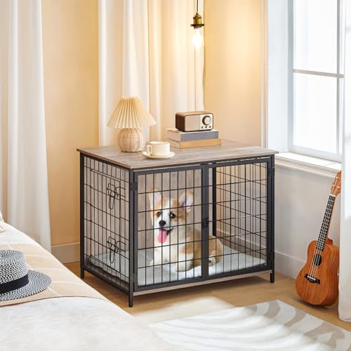 Wooden Dog Crate Furniture with Cushion, Double Doors, Greige X29262