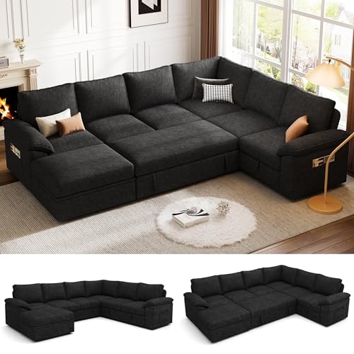 108 Inch U-Shaped Sectional Sleeper Sofa with Pull Out Bed, Dark Grey J60928