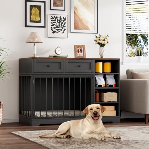 IDEALHOUSE 47" Large Dog Crate Furniture with 2 Drawers, Wooden Kennel for Medium Large Dogs, Black W8906
