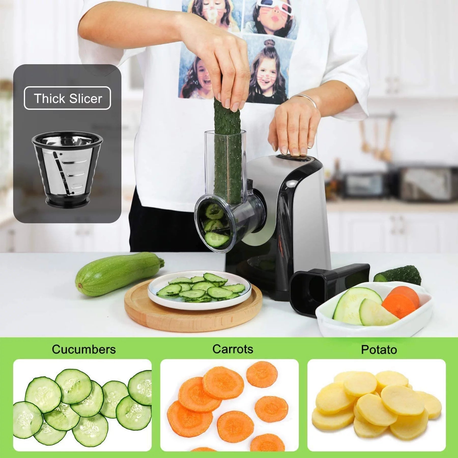 Qhomic Electric Cheese Grater 5-in-1 Vegetable Slicer with One-Touch Control, 150W Y199