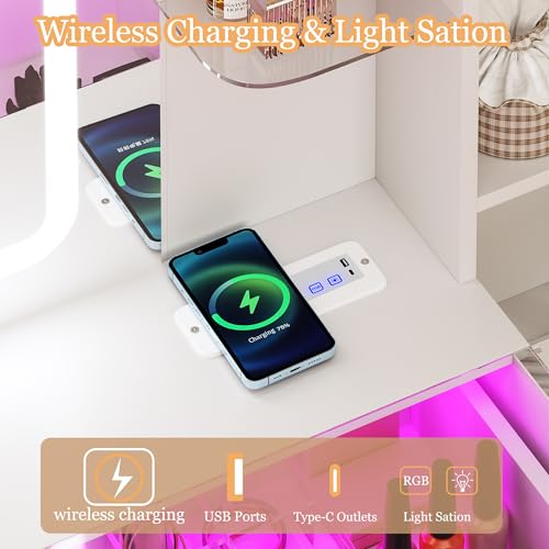 White Vanity Desk with Mirror and LED Lights, Wireless Charging L6741