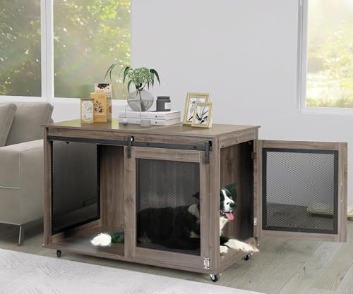 LINLUX 47 Inch XL Wooden Dog Crate Furniture with Sliding Doors and Wheels V980
