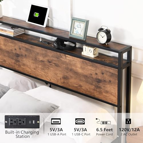 Queen Bed Frame with Headboard & Charging Station, Upholstered, 2 Storage Drawers, White T9445
