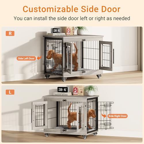 Lulive Dog Crate Furniture for Medium Dogs, 32" Wooden Kennel with Cushion & Wheels, Grey D230281