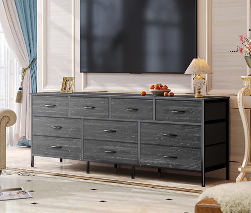 Huuger 63 Inch Dresser with 10 Fabric Drawers, Rustic Brown M836