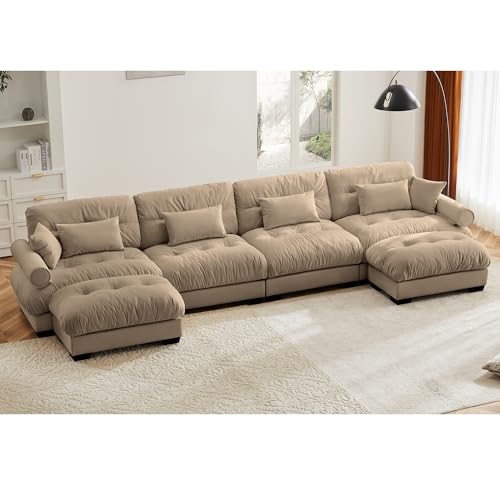 130" Modular Sectional Sofa with Movable Ottoman, Velvet Upholstered, Green Y4976
