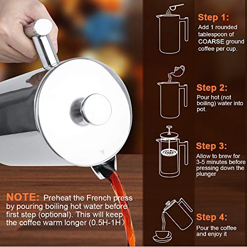 Secura French Press Coffee Maker, 34oz Stainless Steel Insulated, Silver W447