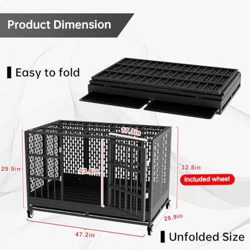 Heavy Duty Dog Crate with Wheels for Large Dogs, Folding Metal Cage with Removable Tray R395