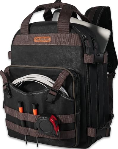 WELKINLAND 90-Pockets Electrician Backpack, Black Wax-Canvas Tool Backpack, 28L Capacity, Heavy Duty, Waterproof
