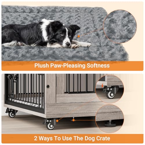 Lulive Dog Crate Furniture for Medium Dogs, 32" Wooden Kennel with Cushion & Wheels, Grey D230281