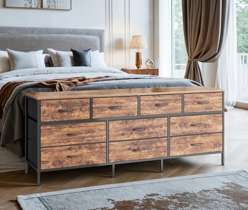 Huuger 63 Inch Dresser with 10 Fabric Drawers, Rustic Brown M836