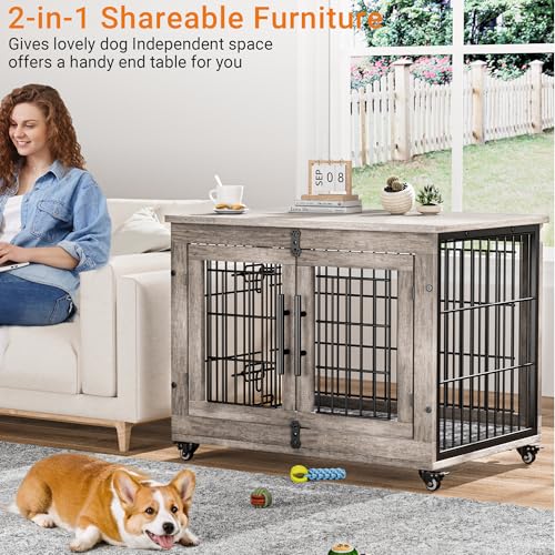 Lulive Dog Crate Furniture for Medium Dogs, 32" Wooden Kennel with Cushion & Wheels, Grey D230281