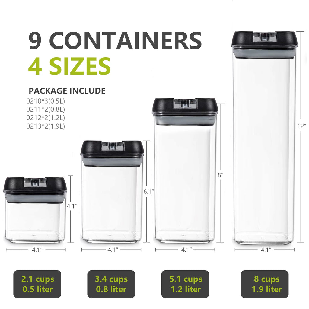 9 PCs Clear Food Storage Containers Set with Black Lid V672