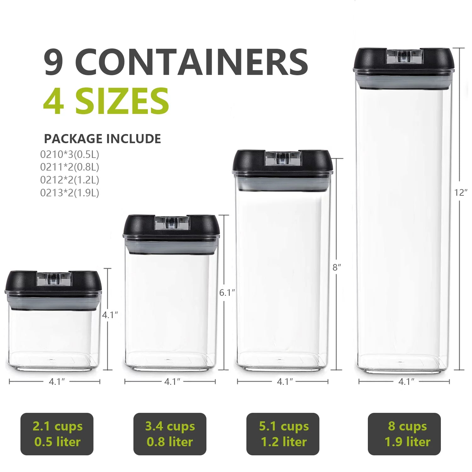 9 PCs Clear Food Storage Containers Set with Black Lid V672