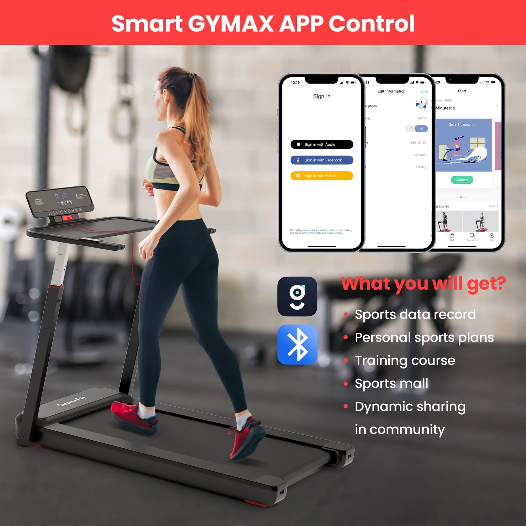 Superfit 3HP Folding Treadmill with APP Control, Black Z7624