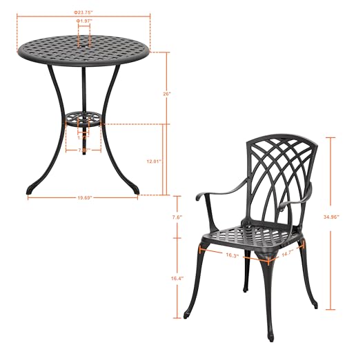 NUU GARDEN 3 Piece Cast Aluminum Bistro Set with Umbrella Hole, Black N80118
