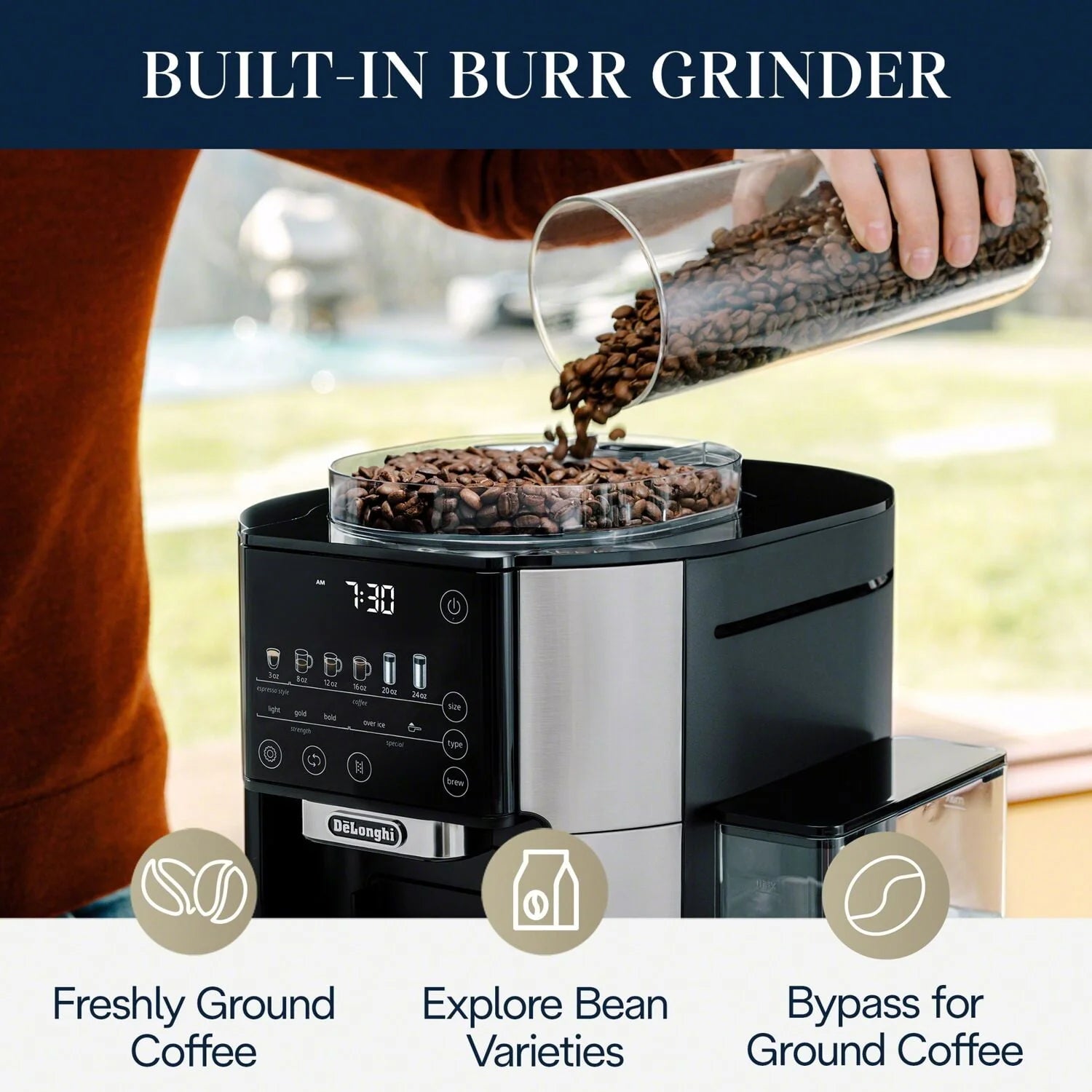 DeLonghi TrueBrew Automatic Coffee Maker with Built-In Grinder, Stainless Steel Z922