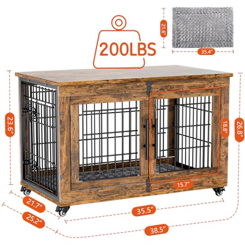 Lulive Dog Crate Furniture for Medium Dogs, 32" Wooden Kennel with Cushion & Wheels, Grey D230281