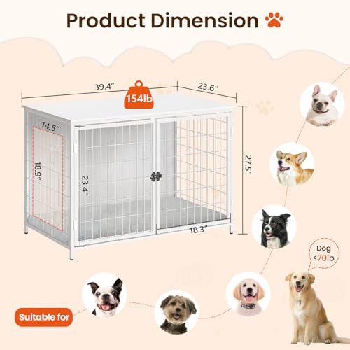 Wooden Dog Crate Furniture with Cushion, Double Doors, Greige X29262
