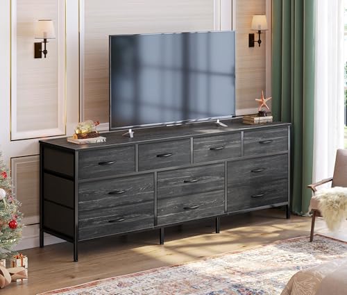 Huuger 63 Inch Dresser with 10 Fabric Drawers, Rustic Brown M836