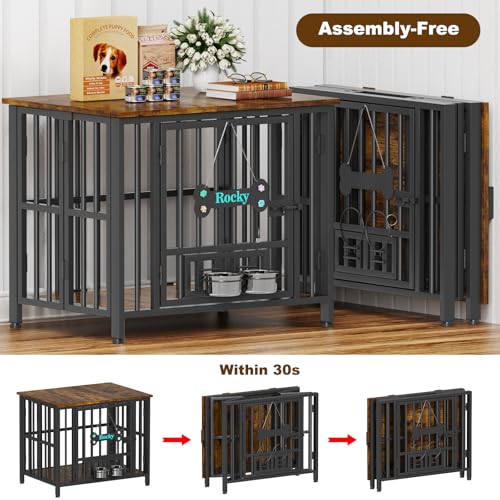 Easycom 41" Foldable Dog Crate Furniture with Adjustable Bowls, Rustic Brown M74490
