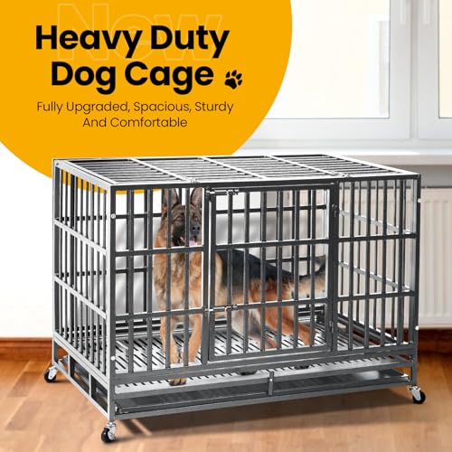 Oranland 48 inch Heavy Duty Dog Crate for Large Dogs, Double Door with Wheels J273901