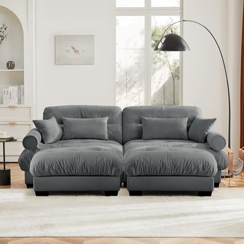 130" Modular Sectional Sofa with Movable Ottoman, Velvet Upholstered, Green Y4976