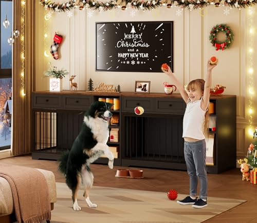 IDEALHOUSE 47" Large Dog Crate Furniture with 2 Drawers, Wooden Kennel for Medium Large Dogs, Black W8906