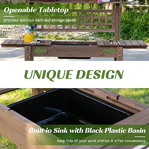 Outsunny Wooden Potting Bench Table with Sliding Tabletop and Storage Shelf M52235