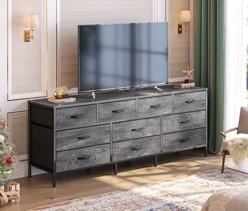 Huuger 63 Inch Dresser with 10 Fabric Drawers, Rustic Brown M836